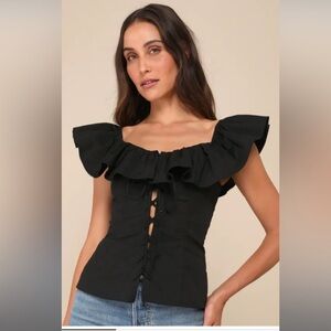 Lulu's Black Ruffle-Front Lace-Up Top